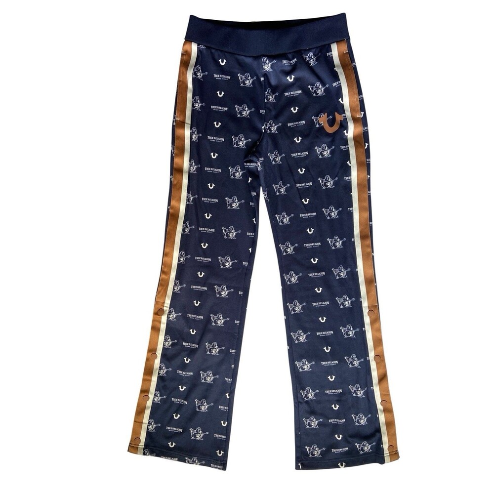 True Religion Women Monogram Track Pant Size M Blue Wide Leg All Over Logo Urban
